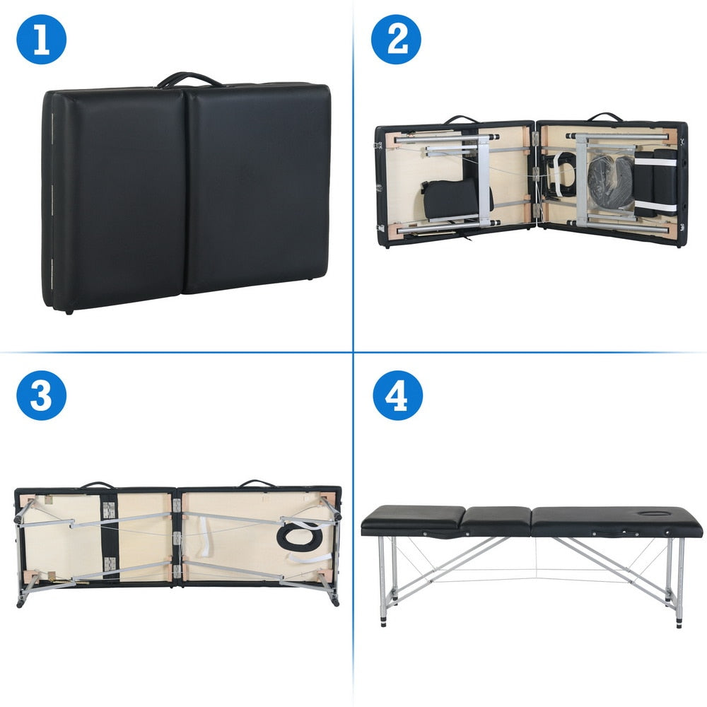 Table Bed 3 Sections Folding Aluminum Foot 186x60x59CM Height Adjustable Versatile Portable Black - IBodishop