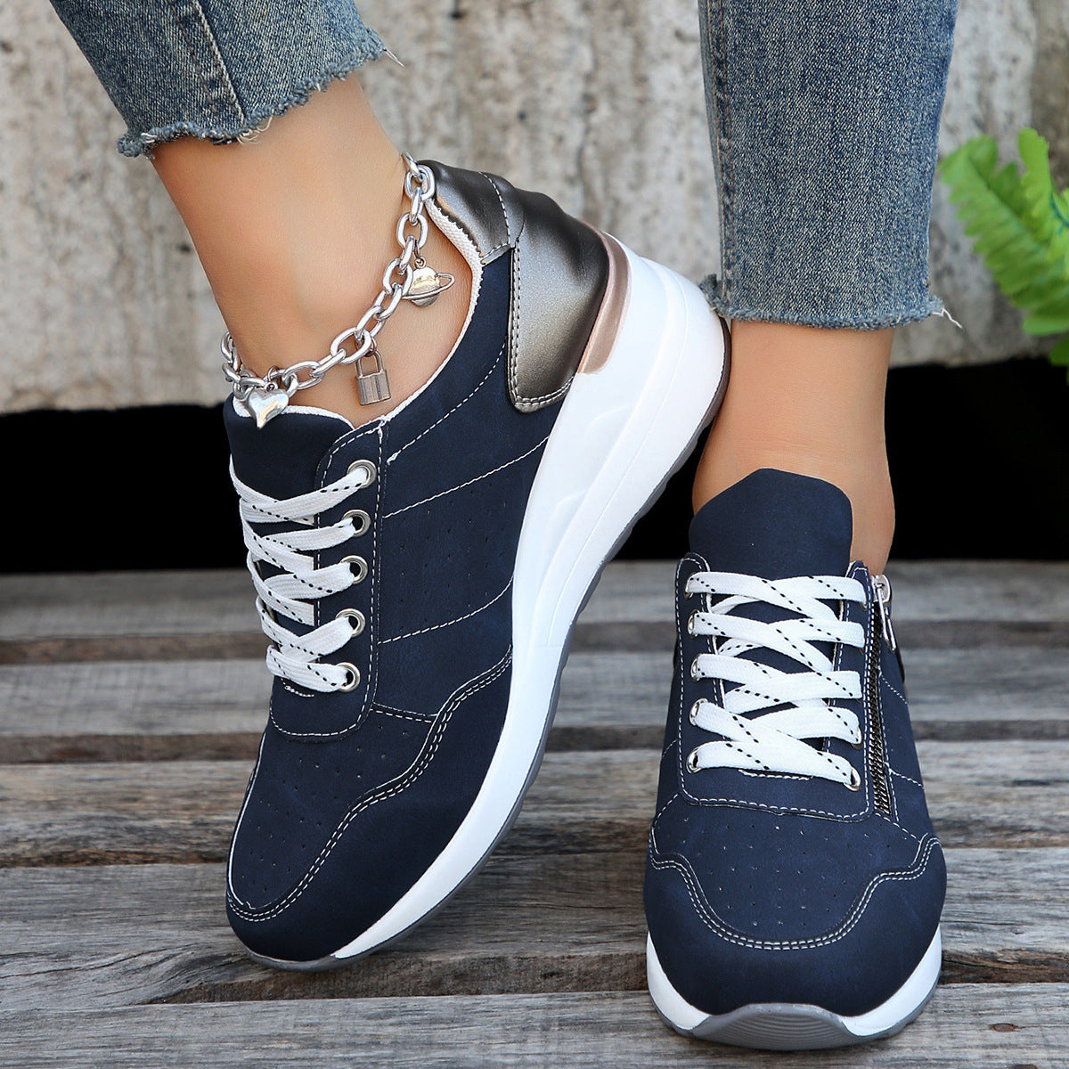  Breathable, shock absorbant, round toe 
women’s  sneaker- low tops. Navy Blue & silver