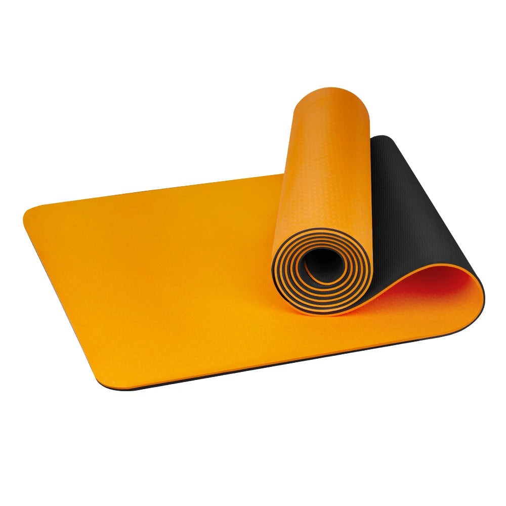 A collection of yoga mats in various solid colors, including pink, purple, green, orange, and yellow, rolled up and placed both vertically and horizontally. A detailed close-up of a single orange yoga mat with a textured surface is also shown.