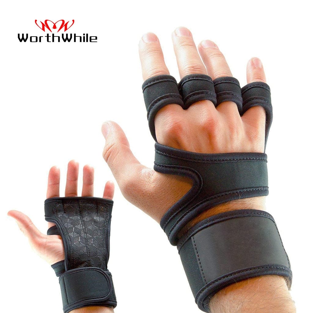 Weightlifting gloves with open-hand design, padded grip, and adjustable wrist wrap for training support.