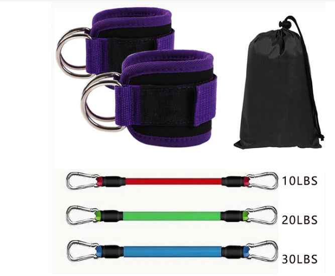Set of resistance bands with 1 pair of purple ankle straps 