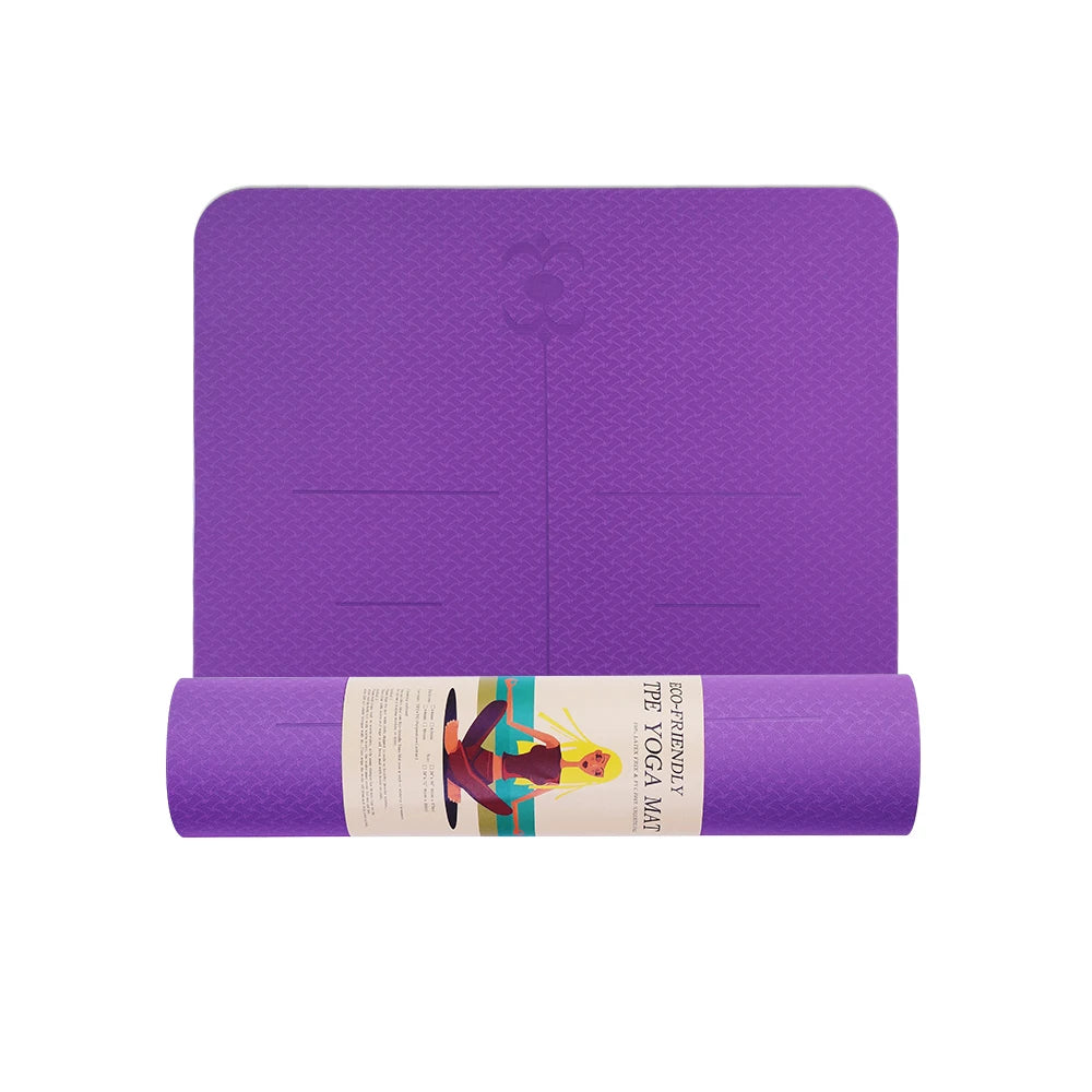 A collection of yoga mats in various solid colors, including pink, purple, green, orange, and yellow, rolled up and placed both vertically and horizontally. A detailed close-up of a single orange yoga mat with a textured surface is also shown.