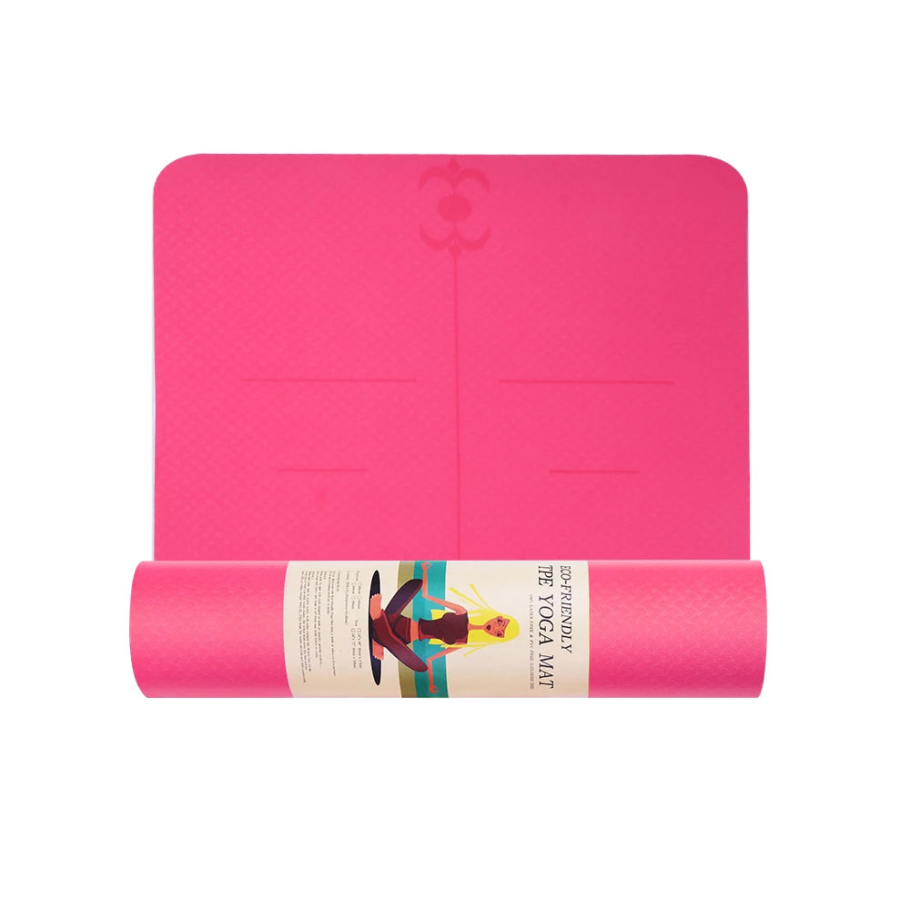 A collection of yoga mats in various solid colors, including pink, purple, green, orange, and yellow, rolled up and placed both vertically and horizontally. A detailed close-up of a single orange yoga mat with a textured surface is also shown.