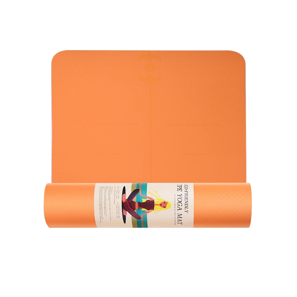 A collection of yoga mats in various solid colors, including pink, purple, green, orange, and yellow, rolled up and placed both vertically and horizontally. A detailed close-up of a single orange yoga mat with a textured surface is also shown.