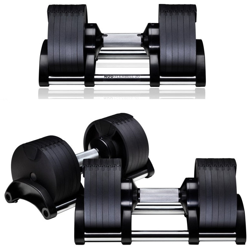 A pair of black cast iron dumbbells with adjustable silver handles.