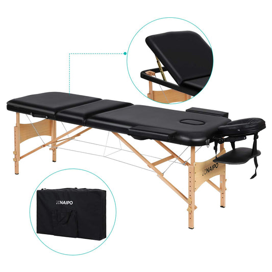 Portable Massage Table Professional Adjustable Folding Bed with 3 Sections Wooden Frame Ergonomic Headrest Carrying Bag - IBodishop 