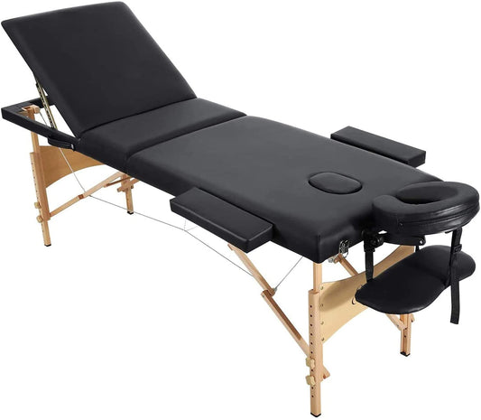 Massage Table Spa Bed Portable 3 Sections Wooden Legs with Face Hole Carrying Bag - IBodishop 